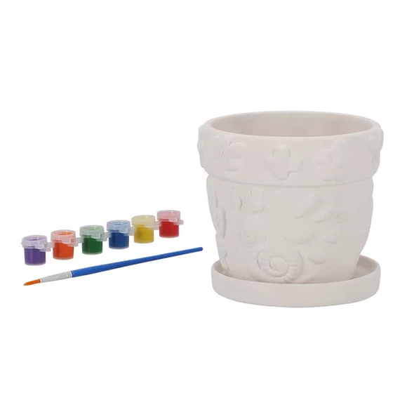 Kifesthető rovarmintás virágcserép, festékkel és ecsettel.